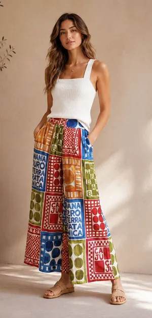 FARM Rio Selo Bananeira Linen Blend Wide Leg Pants XS Tropical Boho Colorful thumbnail 1