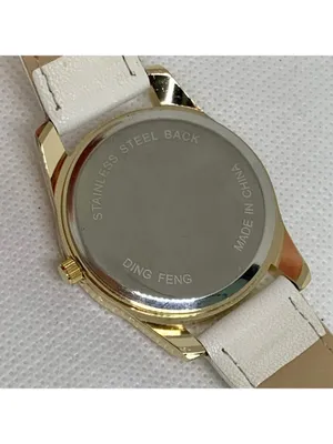 Ding feng Women’s watch gold tone rhinestones 35mm quartz white leather running thumbnail 6