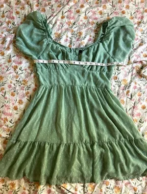 Trixxi Sage Green Puff Sleeve Swiss Dot Mini Dress M Cottagecore Summer thumbnail 8