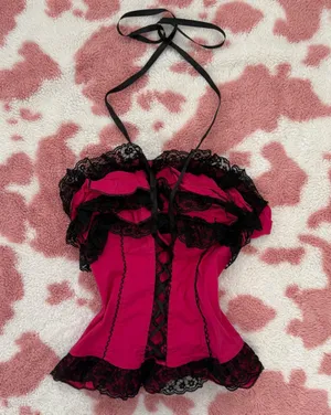 Strapless Hot Pink & Black Lace Ruffled Bustier Top — Padded Wireless Corset Camisole with Front Lace-Up (S) thumbnail 1