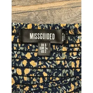 Missguided‎ Milkmaid Shirred Bust Mini Floral Dress Yellow Navy SZ 2 Cottagecore thumbnail 4
