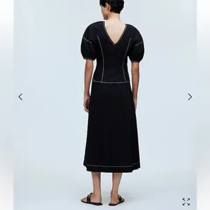 NWT‎ Madewell Puff-Sleeve Drop-Waist Midi Dress Lightweight Cotton Black NQ890 thumbnail 4
