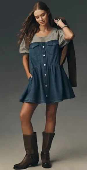 NWT Anthropologie Pilcro Denim Sweatshirt Twofer Swing Oversized Dress ~ Small thumbnail 1
