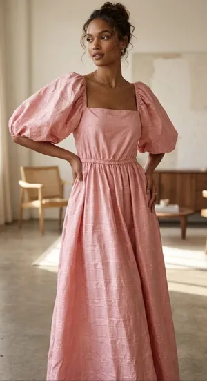Vintage 80's Puff Sleeve Pink Taffeta Dress Square Neck Off Shoulder Handmade thumbnail 1