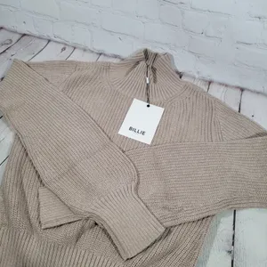 Billie The‎ Label Amelia Sweater Ribbed Mock Neck Balloon Sleeve Pumice Medium thumbnail 5