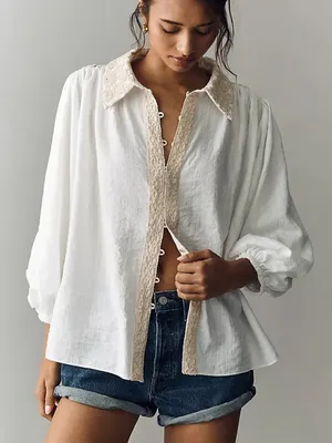 Mare Mare Ivory Embroidered Puff Sleeve Rouleau Cotton Buttondown Blouse Size S thumbnail 1
