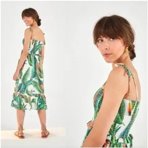 NWT Farm Rio x Alberto Pitta Midi Forest Palm Print Smocked Dress Green S thumbnail 4