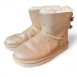 UGG Classic Mini Bailey Bow II Glitter Gold Boots Shearling Women’s Size 7 thumbnail 1