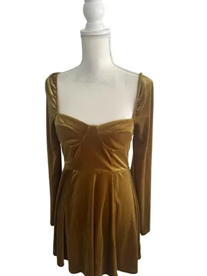 F21 Gold Velvet Long Sleeve Dress Size Small thumbnail 3