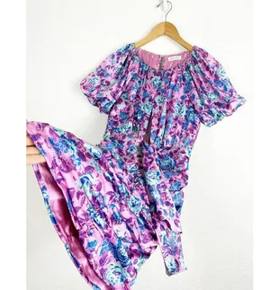 For Love & Lemons Tahiti Ruched Mini Dress Small Purple Floral Satin Cottagecore thumbnail 11