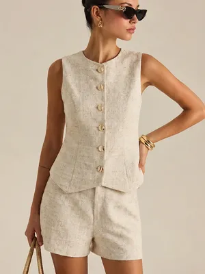 Commense tweed apricot shorts high rise beige neutral textured thumbnail 1
