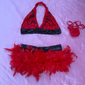 Red Hot Showgirl Feather Skirt Set – Y2K Burlesque Rave Bikini w/ Sequin Trim XS/S 💋✨ thumbnail 1