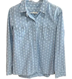 Madewell Chambray with White Floral Print Button Down Long Sleeve Blouse thumbnail 1
