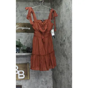 NWT Trixxi Juniors Square-Neck Tie-Strap Fit Flare Mini Dress Brown Orange S thumbnail 5