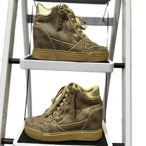 Guess Fiora Wedge Sneaker Lace and Zip Up Brown Cream Gold Shoes Womens 5 M thumbnail 4