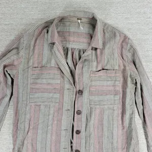 Free People High Tide Shirt XS Tan Pink Womens Striped Oversized Button Up Boho thumbnail 2