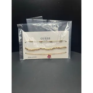 GUESS Gold Tone Pink Flower Charm Mixed 3 Piece Anklet Set thumbnail 4