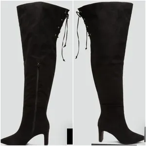 FTF Nadia Black Faux Suede Lace Up Thigh High Heel Boots 11 Wide thumbnail 3
