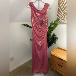 MAC DUGGAL Size 10 Pink 27152 OFF THE SHOULDER RUCHED WAIST‎ SLIT METALLIC GOWN thumbnail 4