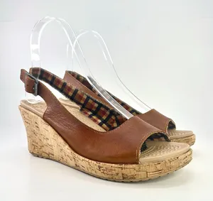 Crocs A-Leigh Brown Leather Cork Wedge Sandals Slingback Peep Toe Comfort Size 8 thumbnail 1