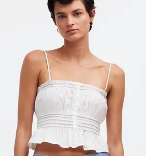 Madewell Large White Smocked Button Front Crop Top Adjustable Straps Cotton thumbnail 1