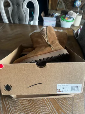 UGG Chestnut Suede Shearling Mid-Calf Boot with Gold Zip & Gem Accent thumbnail 3