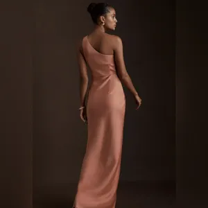 BHLDN Dylan One-Shoulder Satin Side-Slit Gown in Sedona Dusty Pink Anthropologie thumbnail 9