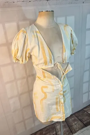 Sabo Skirt White Linen Cotton Button Down Puffed Sleeve Mini Dress Size XS thumbnail 1
