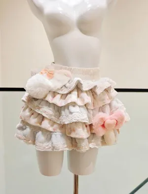 Women Sweet Fluffy Tiered Mini Skirt Elastic Waist Ruffled Lace Trim Plush Bow Pom Pom Decor Kawaii Cute A‑Line Short Skirt For Cosplay Daily thumbnail 1