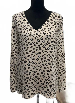LOFT Leopard Print V-Neck Blouse Long Sleeve Animal Print Top Tan Black Size L thumbnail 1