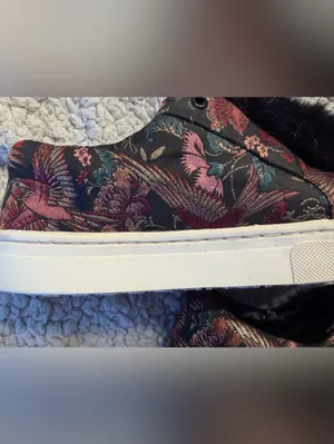 Sam Edelman Leya Faux-Fur Pom-Pom Slip-On Black Brocade Floral Platform Sneakers thumbnail 8