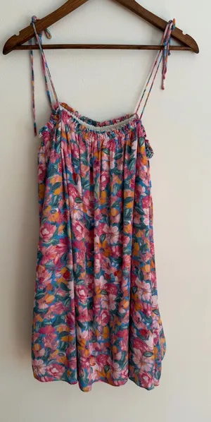 Sadie & Sage Floral Mini Dress Tie Shoulder Straps Smocked Pink Blue Large L thumbnail 1