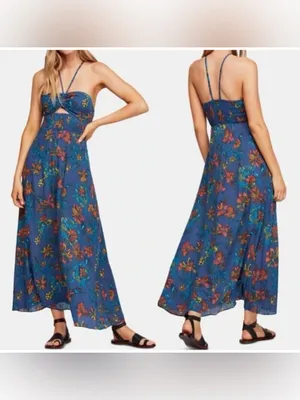 FREE PEOPLE 💙🧡 Floral Halter Maxi Dress - Size XS thumbnail 2