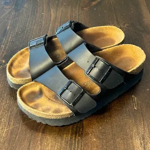 Papillio Birkenstock Arizona Platform Sandals 38 Black Two Strap Boho Minimalist thumbnail 2