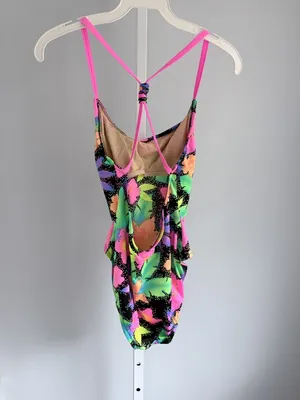 90s Neon Floral One Piece Swimsuit Pink Strappy Cross Back High Cut Y2K S thumbnail 4