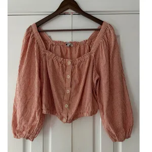 Madewell Striped Button Front Balloon‎ Sleeve Crop Top Orange White L thumbnail 2