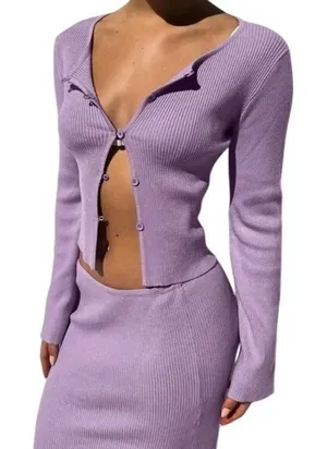 Tiger Mist Sweater Women XS Purple Ribbed Knit Monica Cardigan Sexy‎ Preppy thumbnail 1