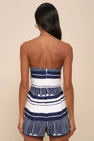 Lulus Delphi Blue and White Striped Tie-Front Strapless Romper thumbnail 2