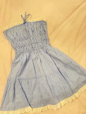 Windsor blue and white gingham strapless dress with lace thumbnail 1