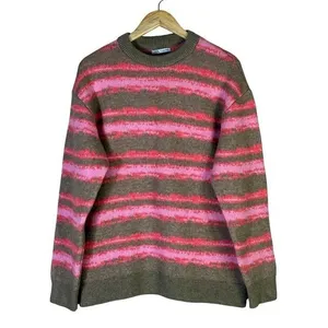 Zara Striped Knit Crewneck Sweater Pink Green Grunge Oversized Size M thumbnail 2