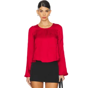 Free People Arabella Blouse Rubies Red Satin Long Sleeve Bow Back Medium NWT thumbnail 10