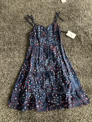 navy blue and red floral print mini dress with adjustable straps thumbnail 1