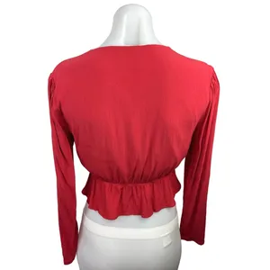 Aritzia Red Deep V-Neck Tie Front Long Sleeve Ruffle Peplum Crop Top Blouse Sz S thumbnail 3