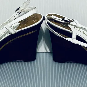 COLE HAAN SZ 8 White patent leather woven Wedge Sandals Slingback Cork Gold thumbnail 4