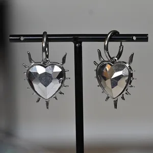 Silver and Red Heart Earrings goth tattoo flame flaming witchy drop cute gift thumbnail 3