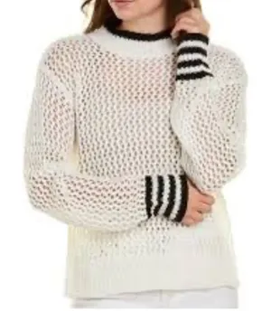 Elan Womens Cream Mock Neck Open Knit Sweater Black Stripe Cuff‎ Detail Medium thumbnail 1