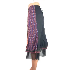 Des Filles a la Vanille Multicolor Patchwork Lace Floral Stripe Midi Skirt Sz M thumbnail 2