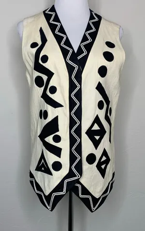 Vintage Geometric Vest Cream Black Sz 10 Lined ? Linen thumbnail 1
