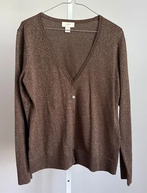 LOFT Brown Metallic Cardigan Sweater size Medium minimalist‎ quiet luxury thumbnail 1