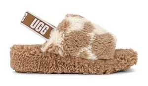 UGG Fluff Yeah Cow Print Shearling Slide Slippers Women's US 8 EU 39 Beige Tan thumbnail 1